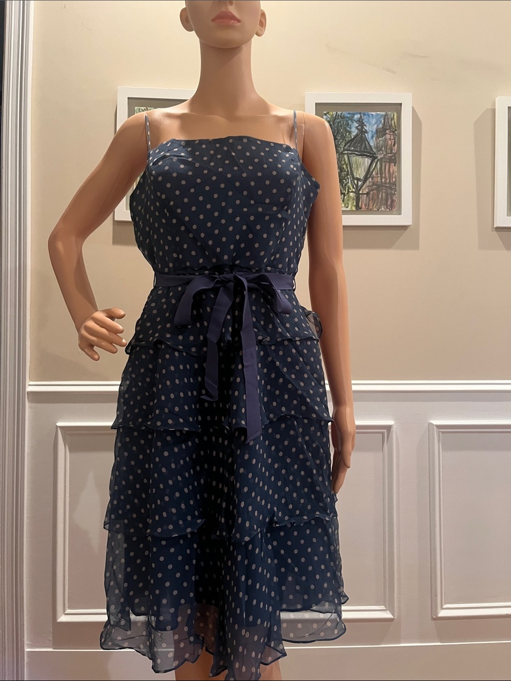 BCBGMaxAzria Navy Polka Dot Strapless Tiered Midi Dress with Belt
